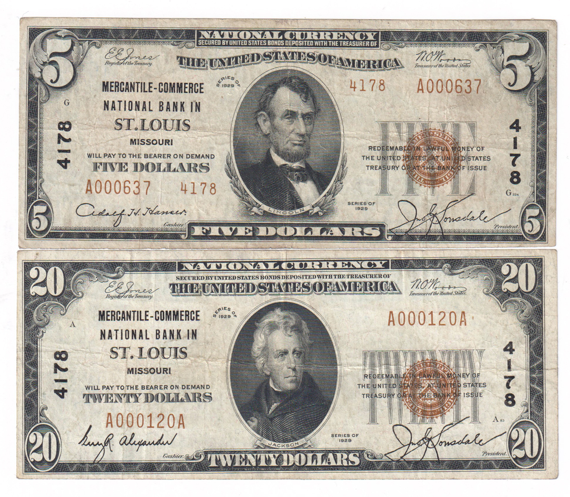 Group of five St. Louis, Missouri National Bank Notes