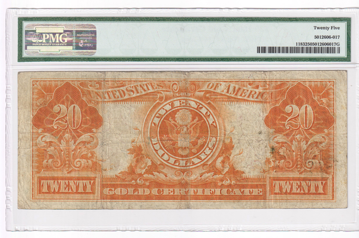 1906 $20 Gold Certificate Fr# 1183 PMG VF-25, and a 1923 $1 Silver Certificate Fr# 237 PCGS ChCU-64 PPQ (damaged holder)