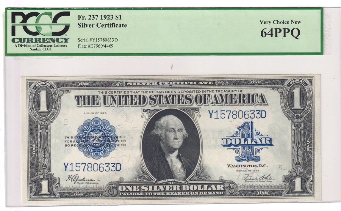 1906 $20 Gold Certificate Fr# 1183 PMG VF-25, and a 1923 $1 Silver Certificate Fr# 237 PCGS ChCU-64 PPQ (damaged holder)