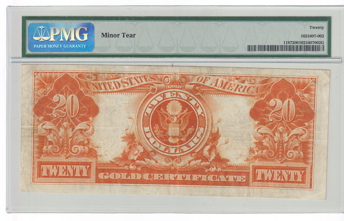 1907 $10 Fr# 1172 VF-30/damaged surface on the back, and a 1922 $20 Fr# 1187 VF-20/minor tear
