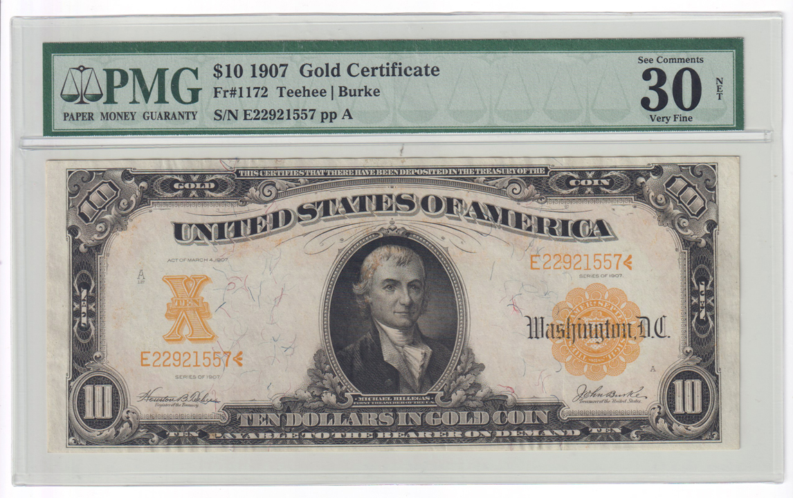 1907 $10 Fr# 1172 VF-30/damaged surface on the back, and a 1922 $20 Fr# 1187 VF-20/minor tear