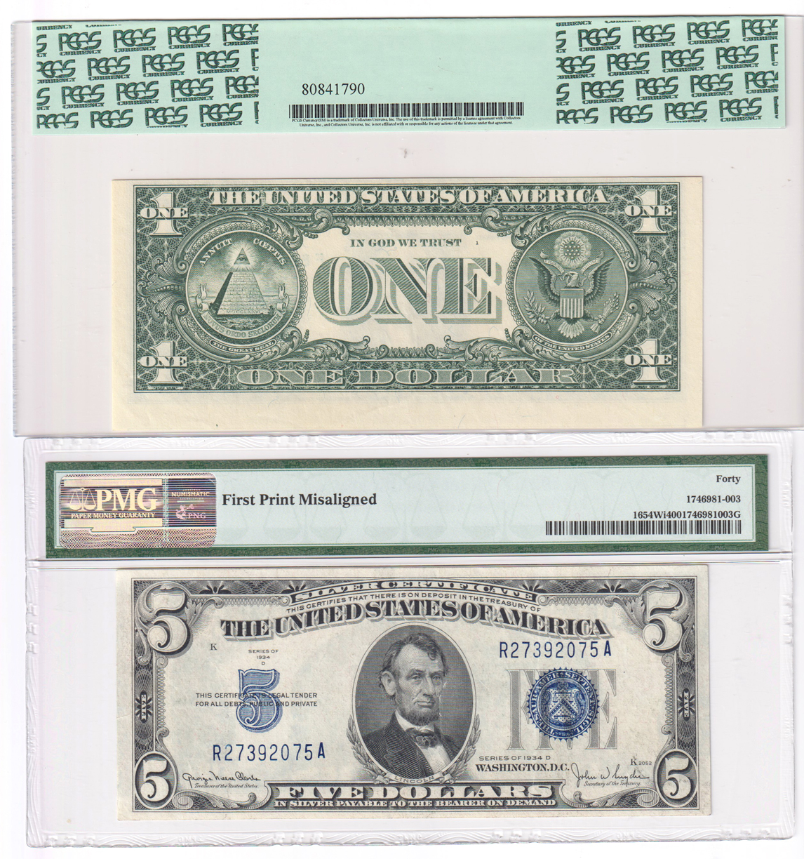 Error Currency - Group of nine certified small size notes, all Misalignment