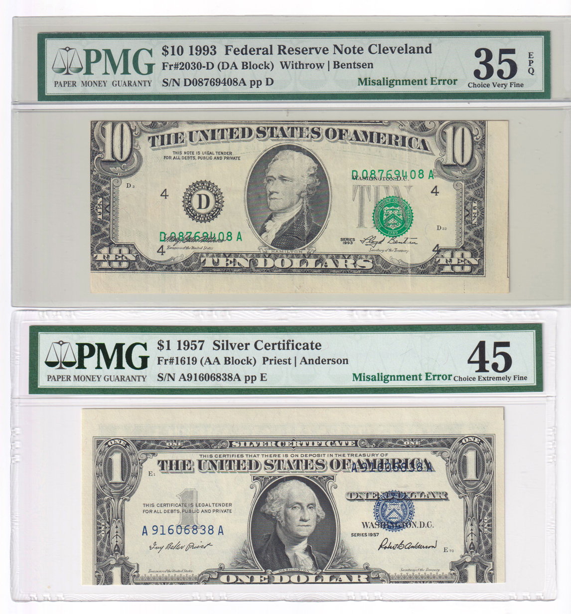 Error Currency - Group of nine certified small size notes, all Misalignment
