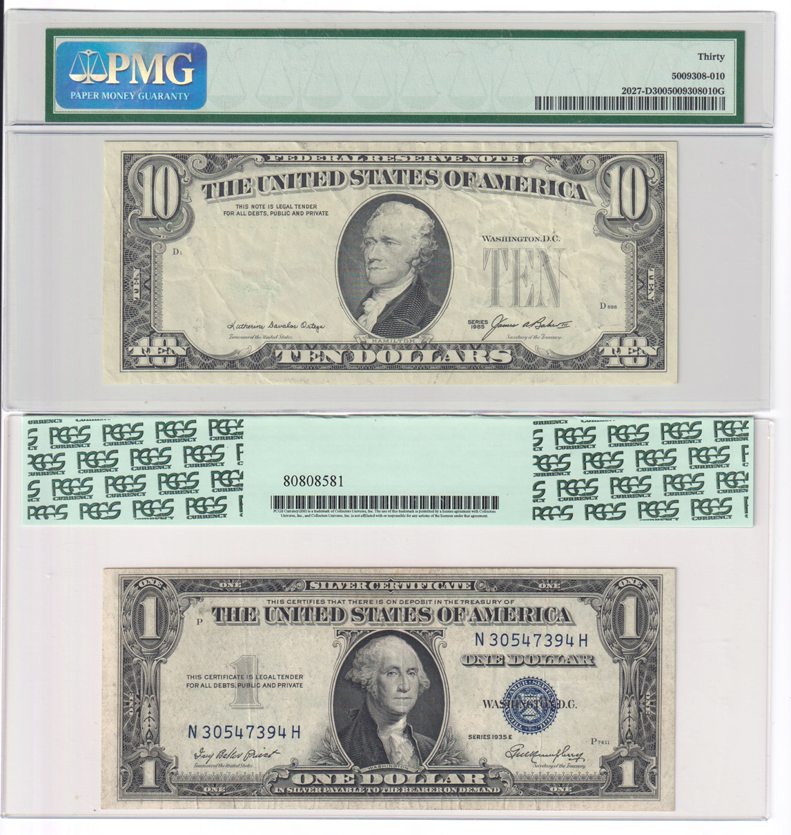 Error Currency - Five certified small size Federal Reserve Note errors