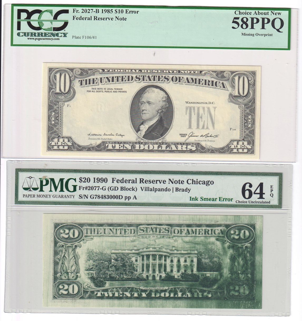 Error Currency - Five certified small size Federal Reserve Note errors
