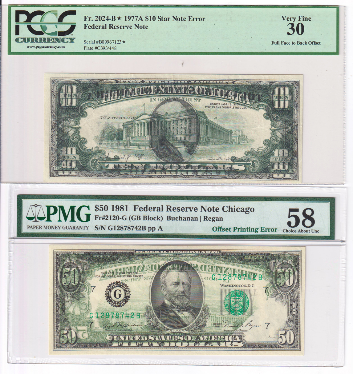 Error Currency - Seven certified small size Federal Reserve Notes with offset printing including one star note error