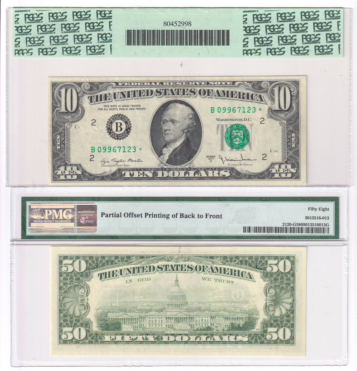 Error Currency - Seven certified small size Federal Reserve Notes with offset printing including one star note error