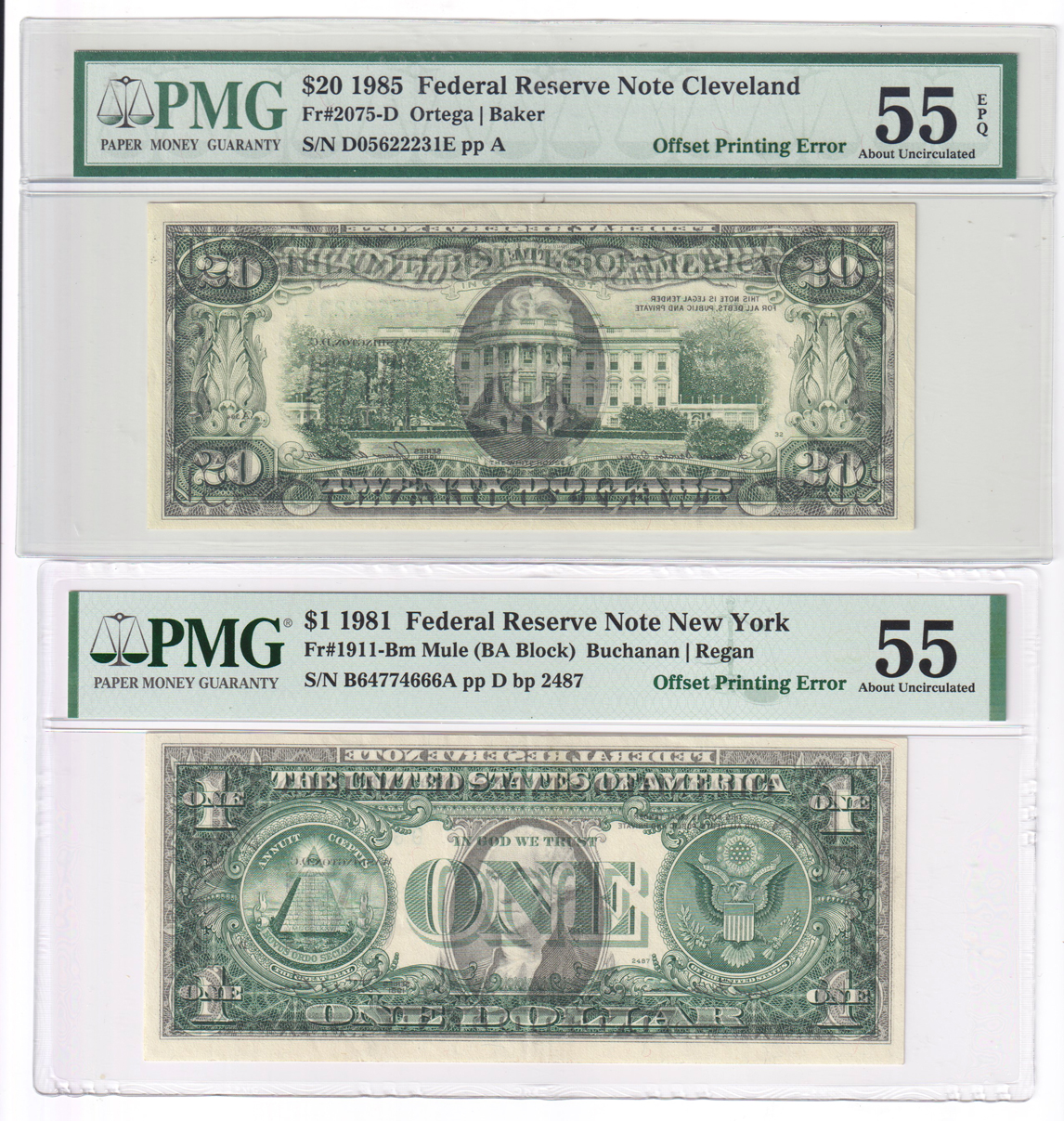 Error Currency - Seven certified small size Federal Reserve Notes with offset printing including one star note error