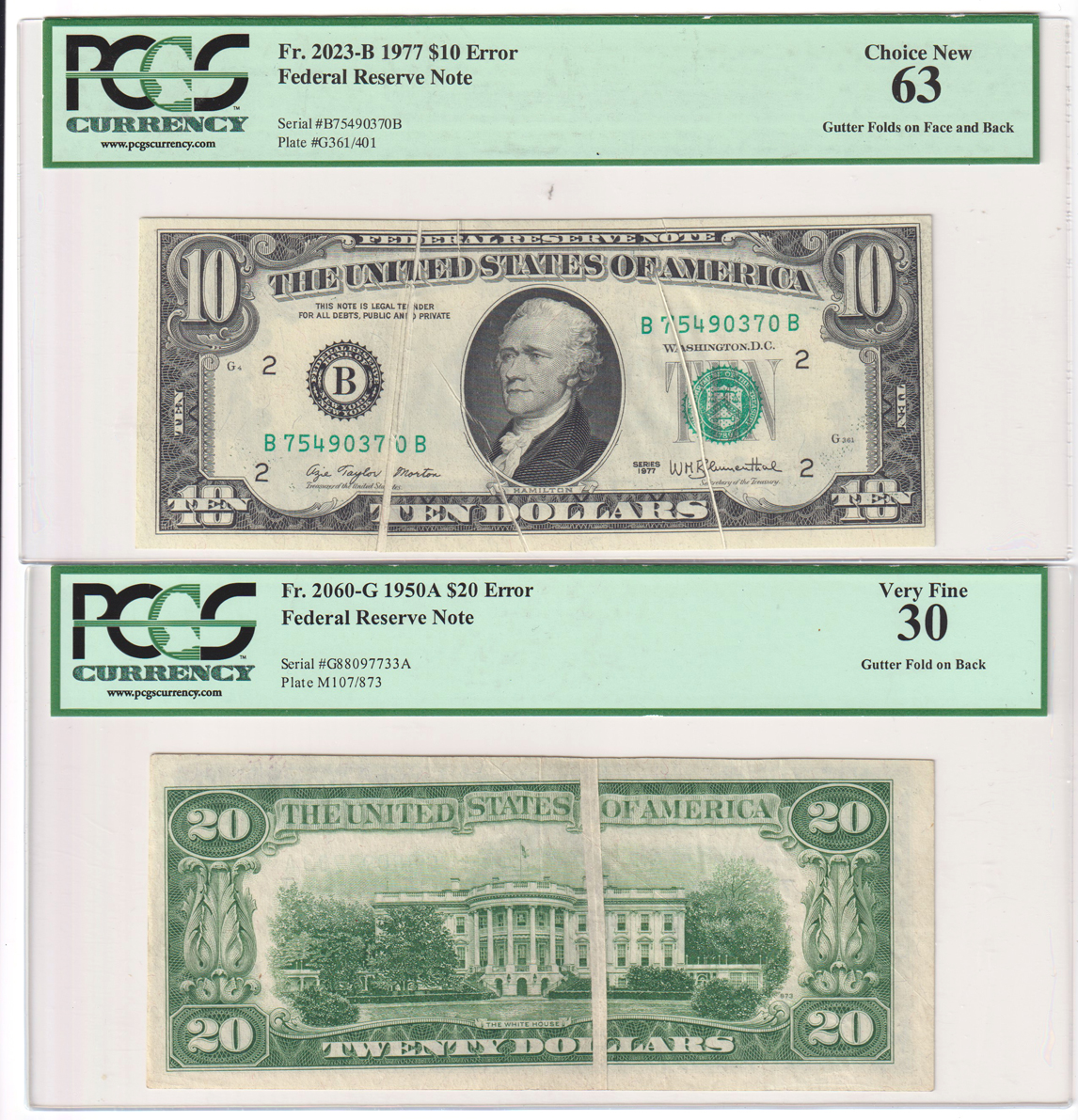 Error Currency - Six certified small size error notes.  Five Gutter Folds and one Paper Jam.