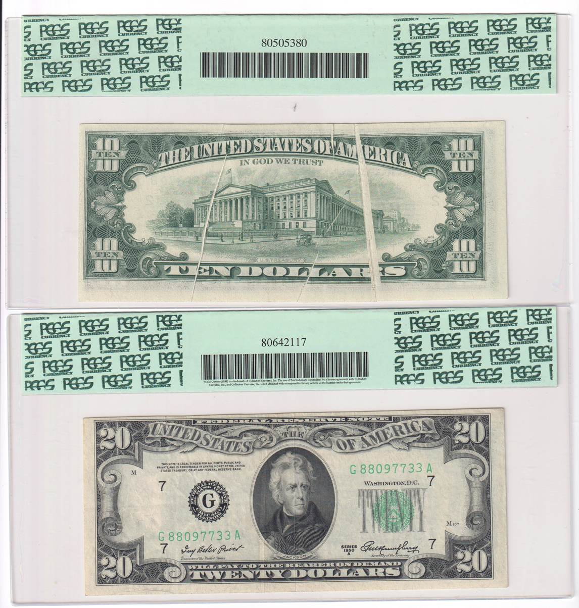 Error Currency - Six certified small size error notes.  Five Gutter Folds and one Paper Jam.