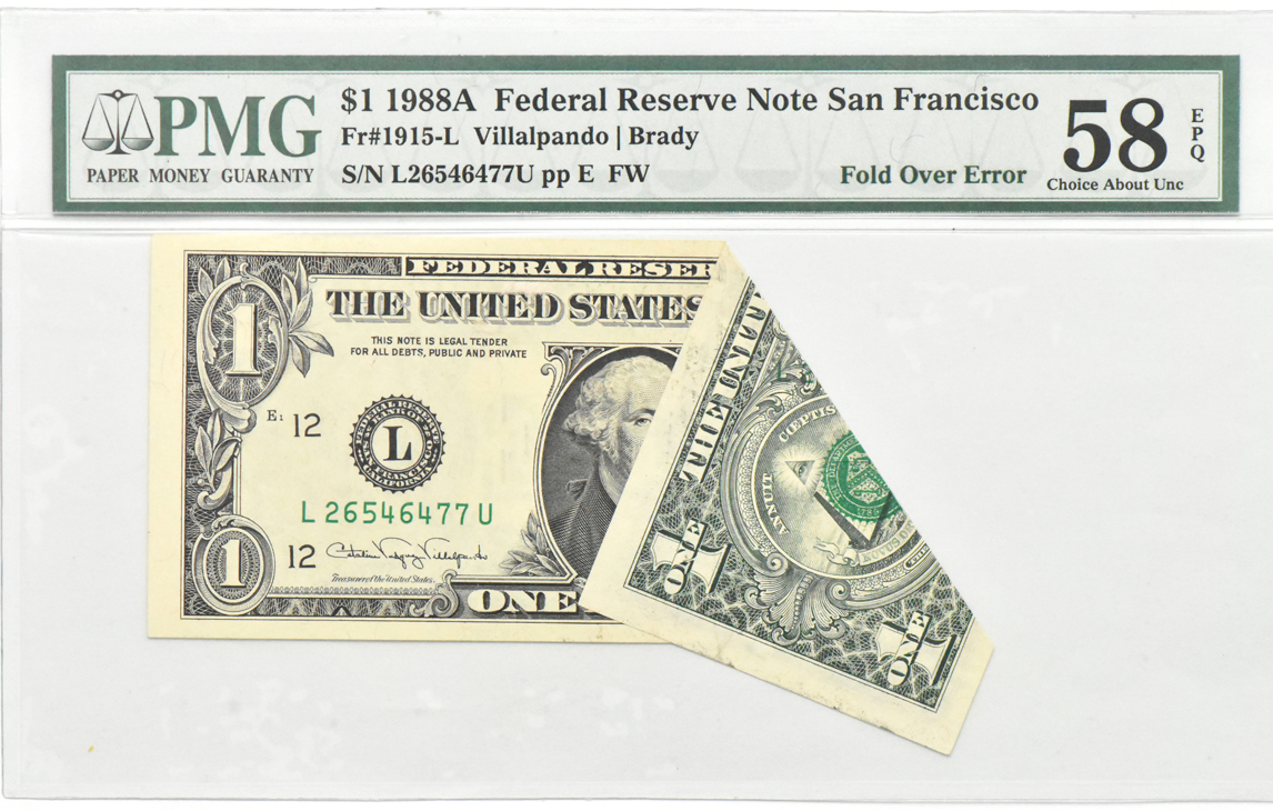 Error Currency - Group of four certified Federal Reserve Note folding errors