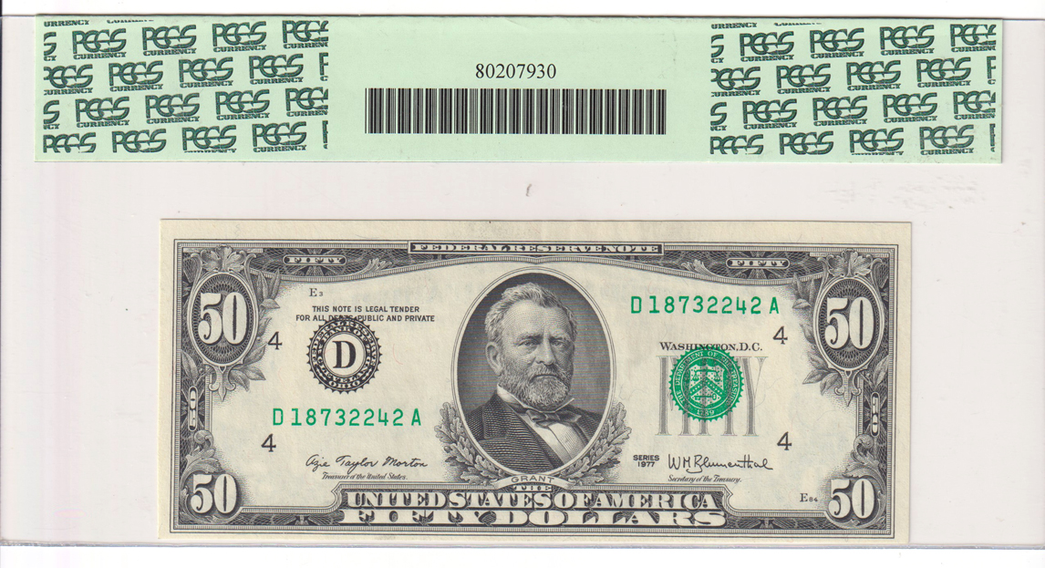 Error Currency - 1977 $50 Cleveland Federal Reserve Note Fr# 2119-D Full Face to Back Offset - PCGS AU-58 PPQ