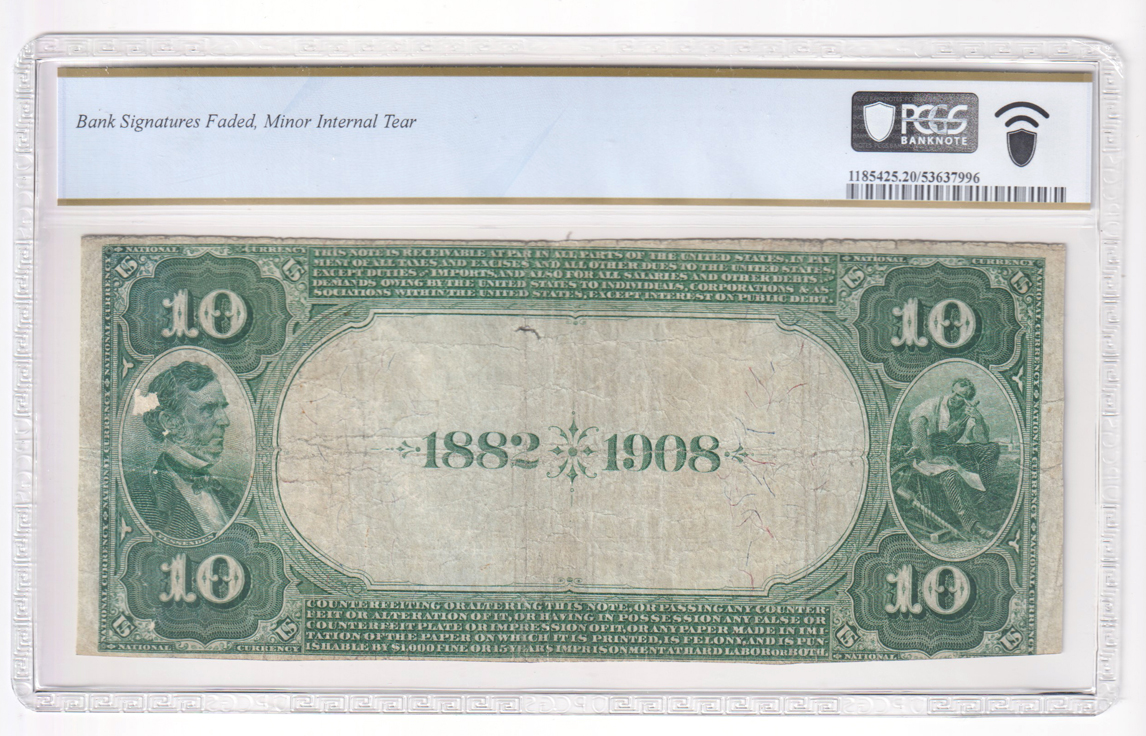 1882 $10 Date Back - Sullivan, IN Charter #5392 - PCGS VF-20/bank signatures faded/minor internal tear/pinholes