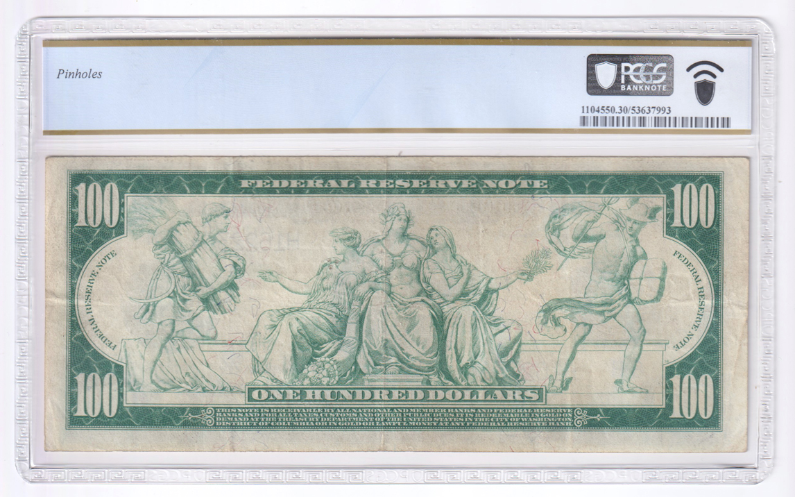 1914 $100 St. Louis Blue Seal Fr# 1112 - PCGS VF-30/pinholes