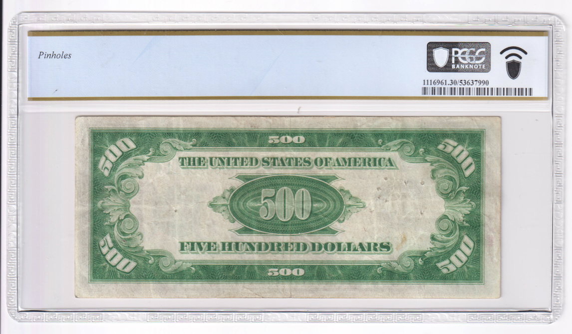 1934-A $500 St. Louis Fr# 2202-H - PCGS VF-30/pinholes