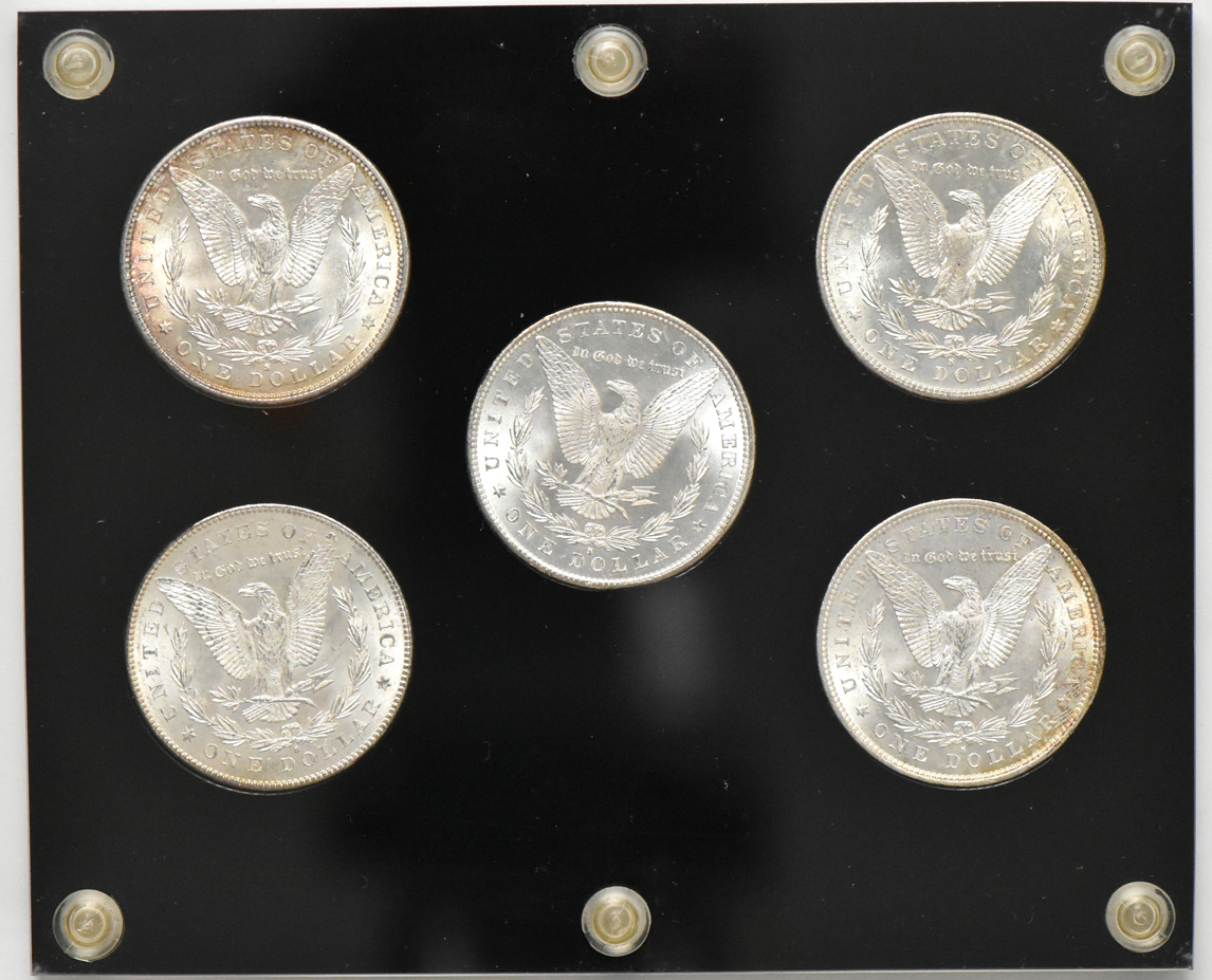 Ten Morgan dollars in two Capital Plastics holders