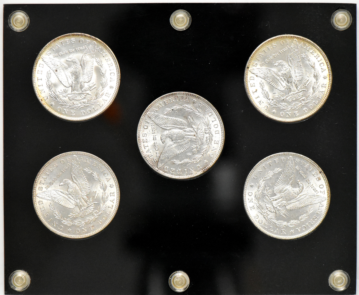 Ten Morgan dollars in two Capital Plastics holders