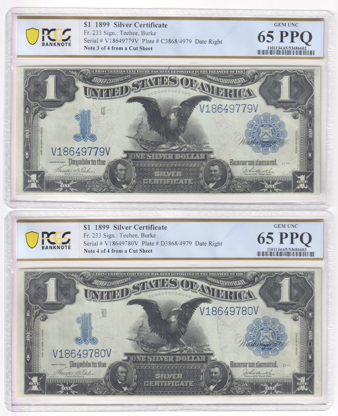 Cut sheet of 1899 $1 Black Eagle Fr# 233 - Two ChCU-64 PPQ and two GemCU-65 PPQ