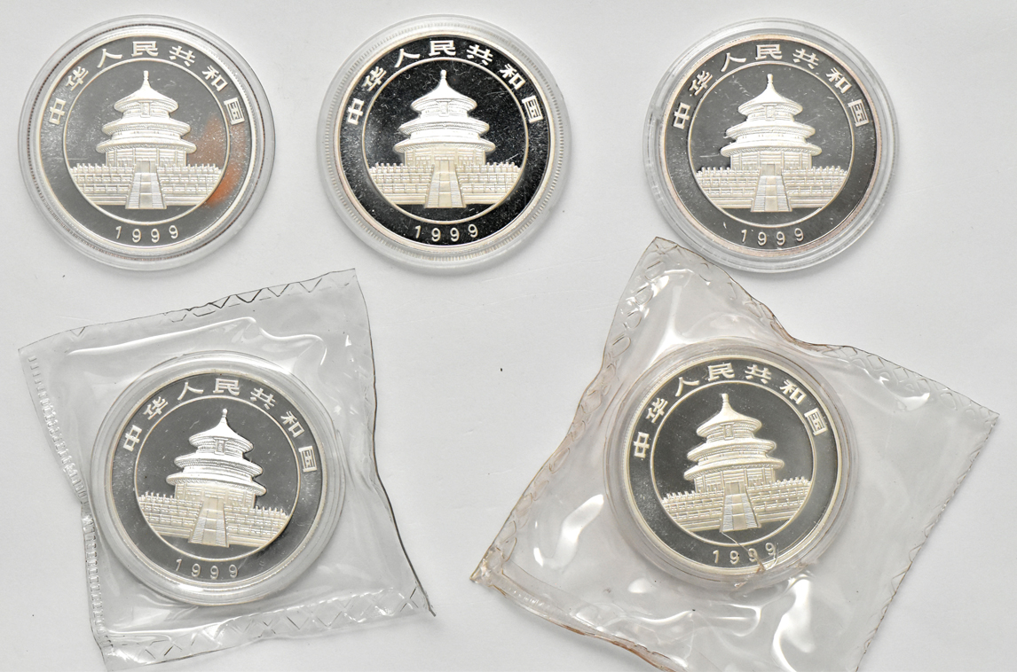 China - Nine 1999 1oz silver Panda 10 yuan - three small date and six large date, plain 1