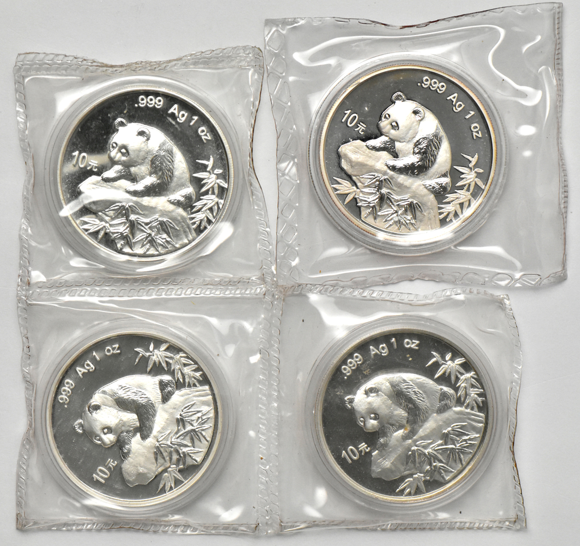 China - Nine 1999 1oz silver Panda 10 yuan - three small date and six large date, plain 1