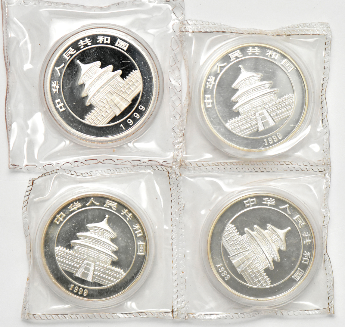 China - Nine 1999 1oz silver Panda 10 yuan - three small date and six large date, plain 1