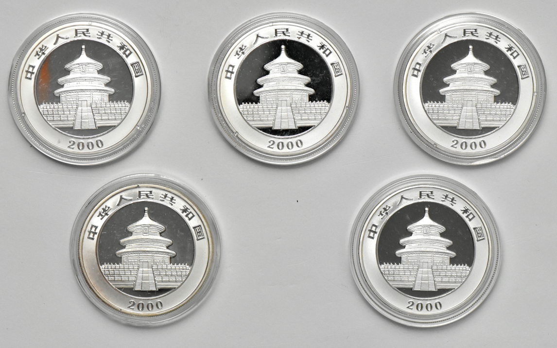 China - Five 2000 frosted ring 1oz silver Panda 10 yuan