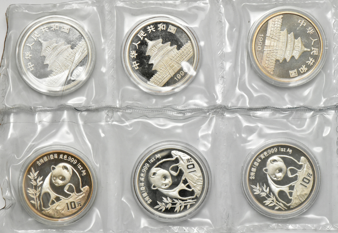 China - Ten 1990 lg. date, plain 1 1oz silver Panda 10 yuan - double sealed