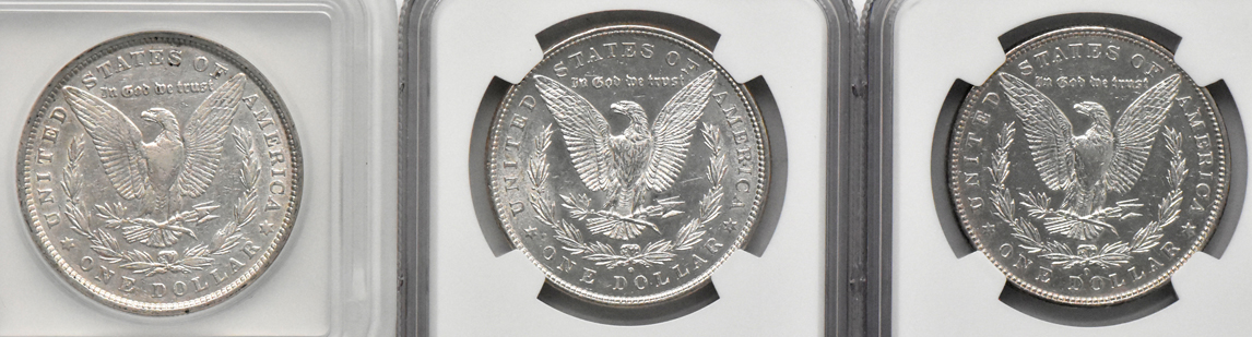 Six Morgan dollars and two Peace dollars