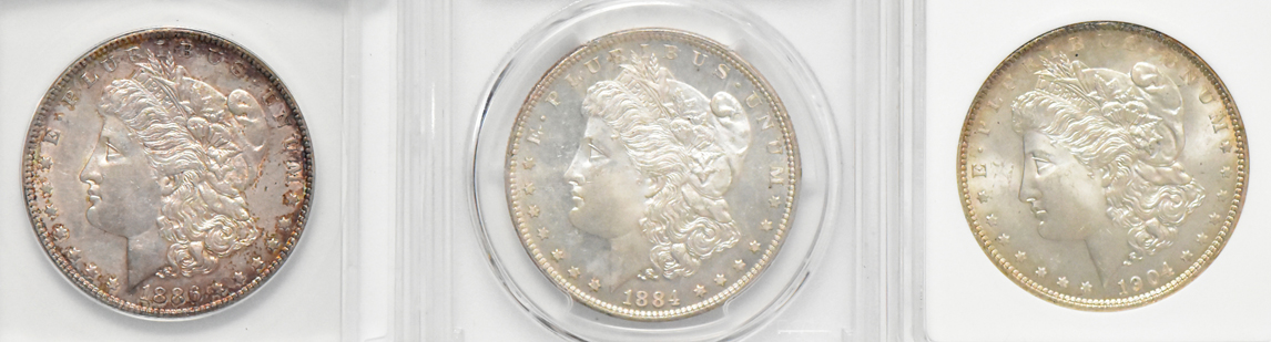 Six Morgan dollars and two Peace dollars