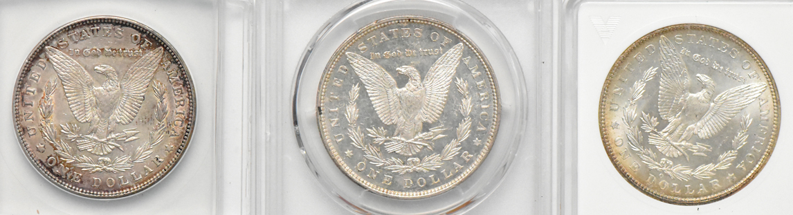 Six Morgan dollars and two Peace dollars