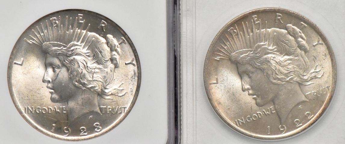 Six Morgan dollars and two Peace dollars