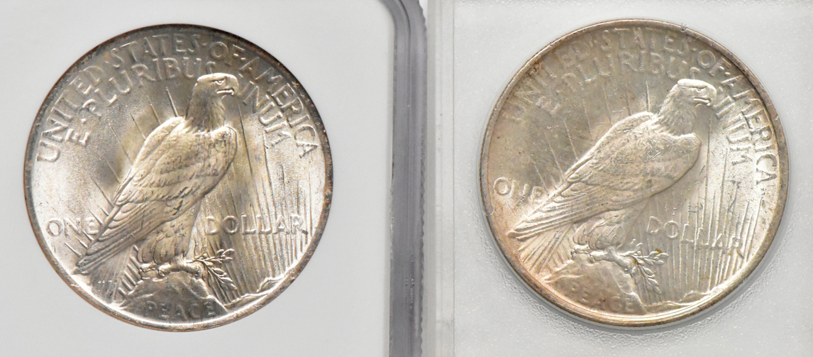 Six Morgan dollars and two Peace dollars