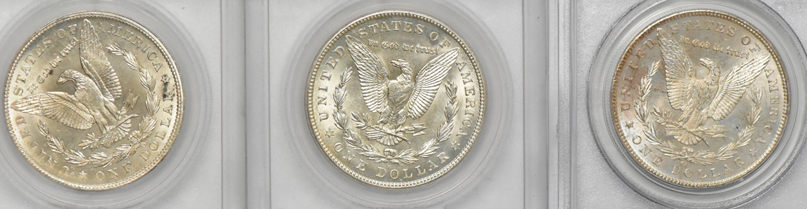 Five Morgan dollars with a rotated reverse