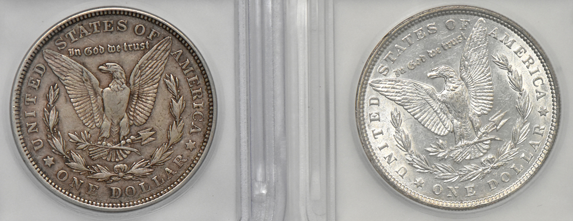 Five Morgan dollars with a rotated reverse