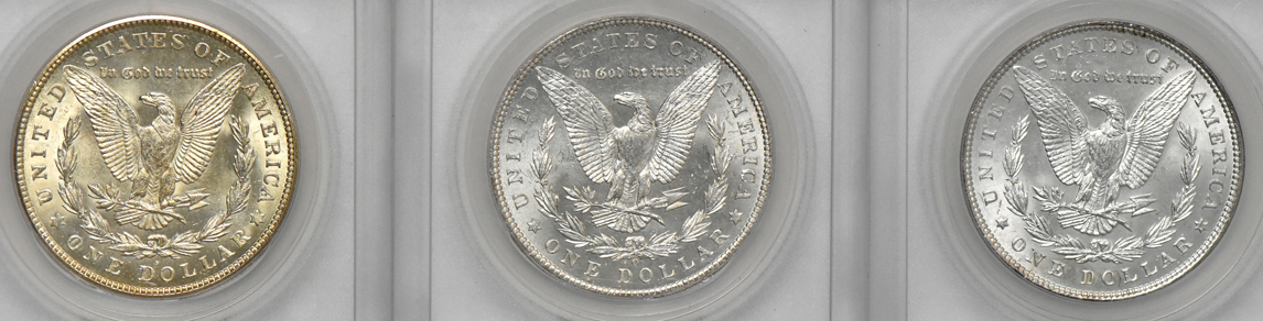 Six SEGS certified Morgan silver dollars with peculiarities