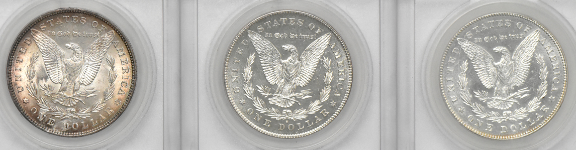Six SEGS certified Morgan silver dollars with peculiarities