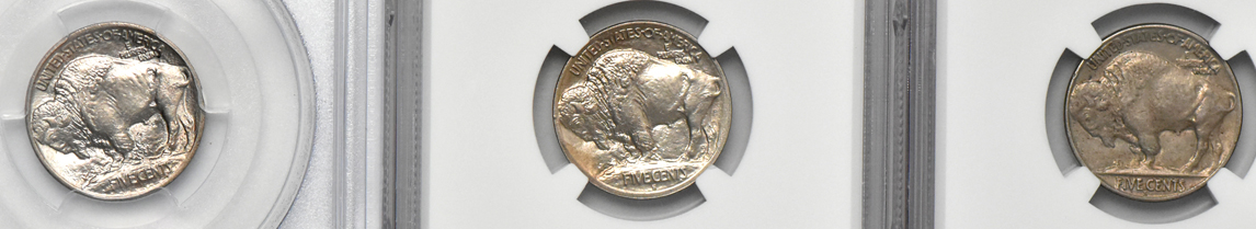 Five certified Buffalo nickels