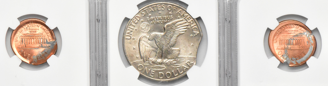 1999 Lincoln cent Broadstruck with Obverse Brockage MS-66 RD, Unknown date Lincoln cent Broadstruck with Obverse Brockage MS-67 RD, and a 1971-D 5-percent Curved Clip MS-65, all NGC