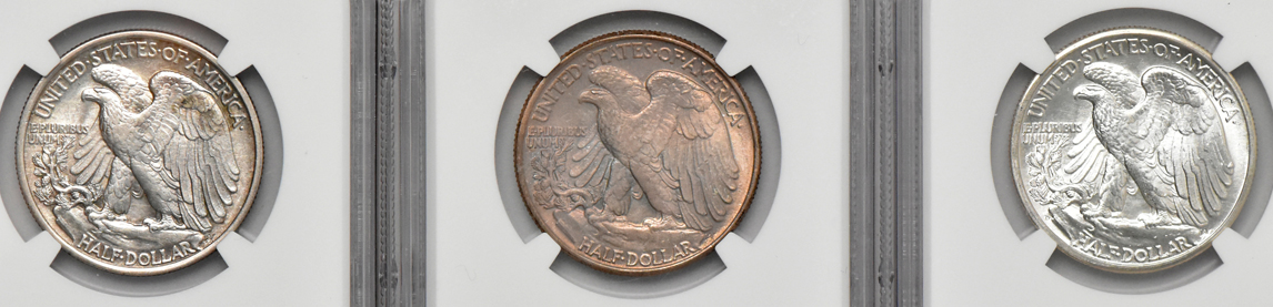 Three Walking Liberty half dollars and three Franklin half dollars, all NGC