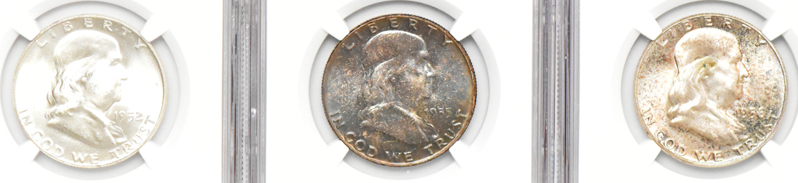 Three Walking Liberty half dollars and three Franklin half dollars, all NGC