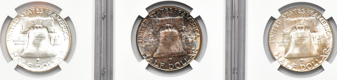Three Walking Liberty half dollars and three Franklin half dollars, all NGC