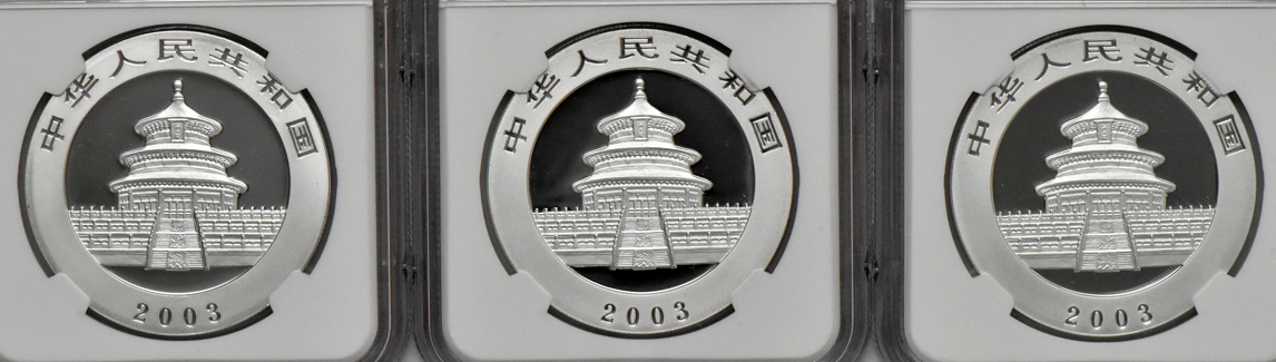 China - Ten 2003 mirrored bamboo 1oz silver Panda 10 yuan, all NGC MS-70