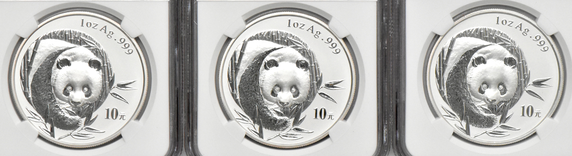 China - Ten 2003 mirrored bamboo 1oz silver Panda 10 yuan, all NGC MS-70