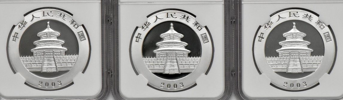 China - Ten 2003 mirrored bamboo 1oz silver Panda 10 yuan, all NGC MS-70