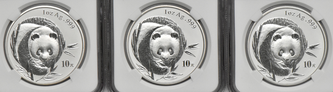 China - Ten 2003 mirrored bamboo 1oz silver Panda 10 yuan, all NGC MS-70