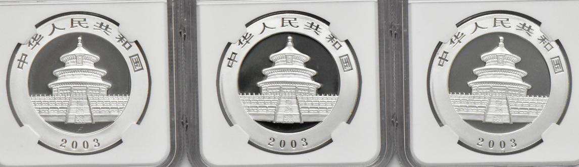 China - Ten 2003 mirrored bamboo 1oz silver Panda 10 yuan, all NGC MS-70