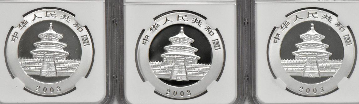 China - Ten 2003 mirrored bamboo 1oz silver Panda 10 yuan, all NGC MS-70