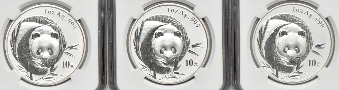 China - Ten 2003 mirrored bamboo 1oz silver Panda 10 yuan, all NGC MS-70
