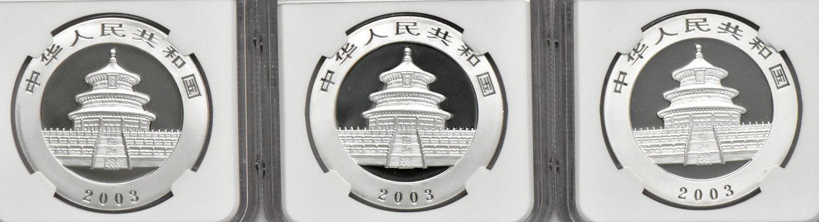 China - Ten 2003 mirrored bamboo 1oz silver Panda 10 yuan, all NGC MS-70