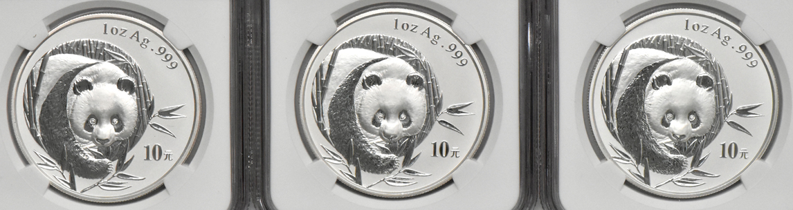 China - Ten 2003 mirrored bamboo 1oz silver Panda 10 yuan, all NGC MS-70